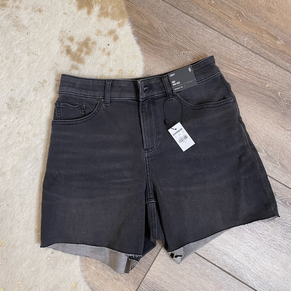 Express midi high rise black denim shorts